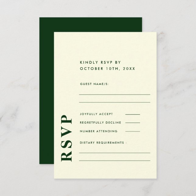 Cartão RSVP Casamento Simples Moderno Elegante Ivory & Verde (Frente/Verso)