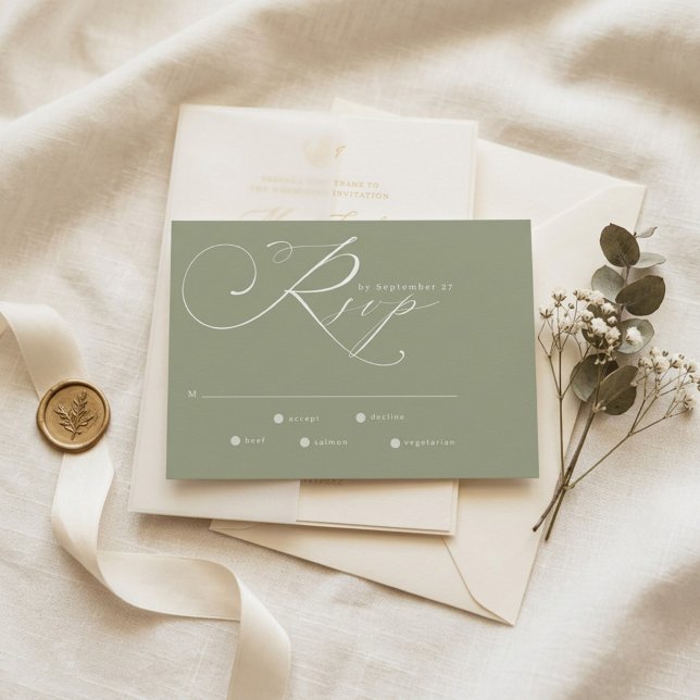 Cartão RSVP Casamento Simples Moderno em Verde e Branco (Criador carregado)