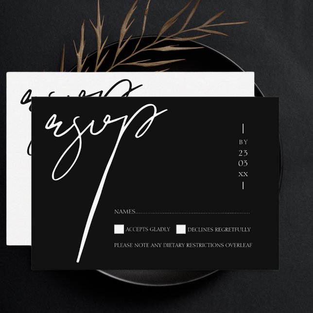 Cartão RSVP Casamento Simples Tipografia Script Preto Branco (Criador carregado)