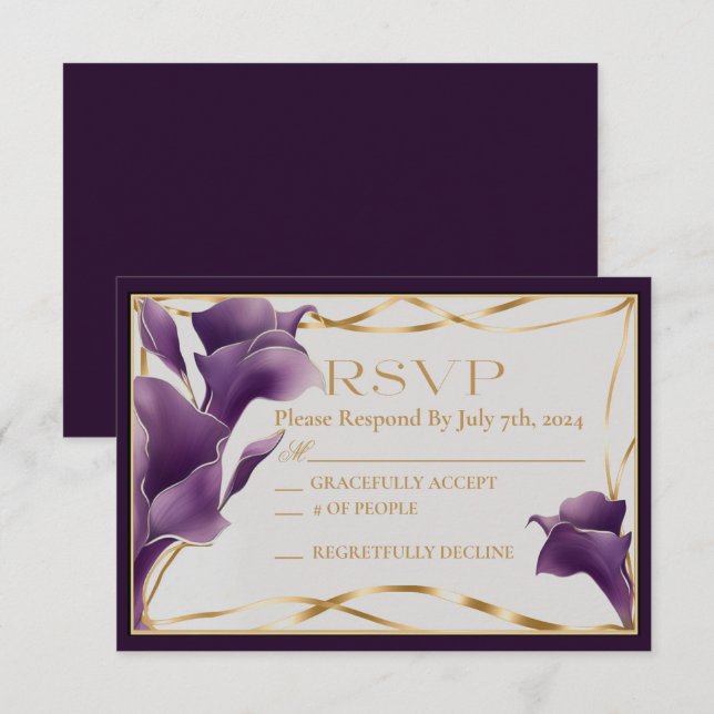 Cartão RSVP Casamento sofisticado de Lily Roxo Calla (Frente/Verso)
