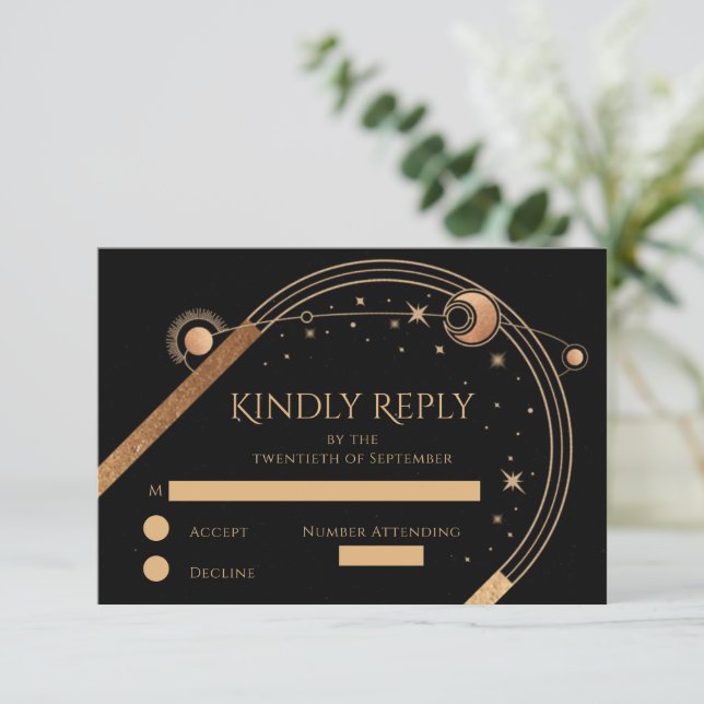 Cartão RSVP Casamento Sol Lua Estrelas Ouro Preto (Em pé/Frente)