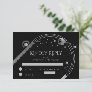 Cartão RSVP Casamento Sol Lua Estrelas Prata Preto Celestial