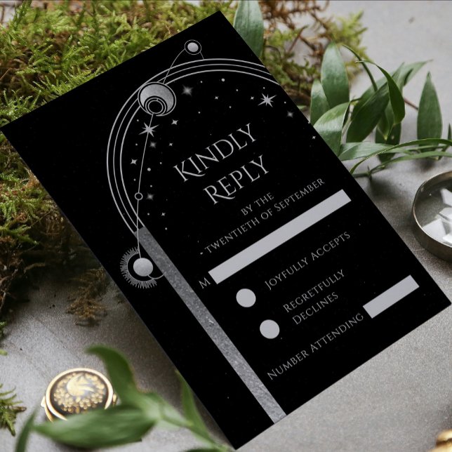 Cartão RSVP Casamento Sol Lua Estrelas Preto Prata Celestial (Criador carregado)