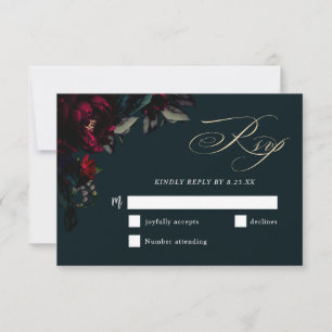 Cartão RSVP Casamento sombrio gótico vermelho turquesa floral 