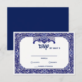 Cartão RSVP Casamento Talavera Azul Marinha Mexicano