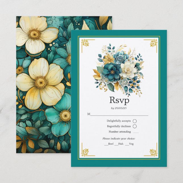 Cartão RSVP Casamento Teal e Dourado Floral (Frente/Verso)