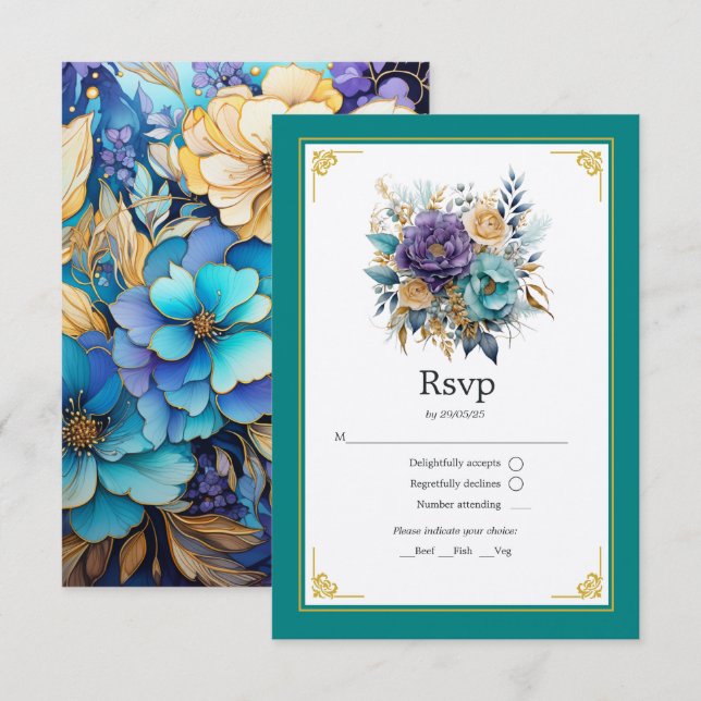 Cartão RSVP Casamento Teal, Roxo e Dourado Floral (Frente/Verso)