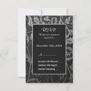 Cartão RSVP Casamento tema damasco de Cinza preta e prata - RS