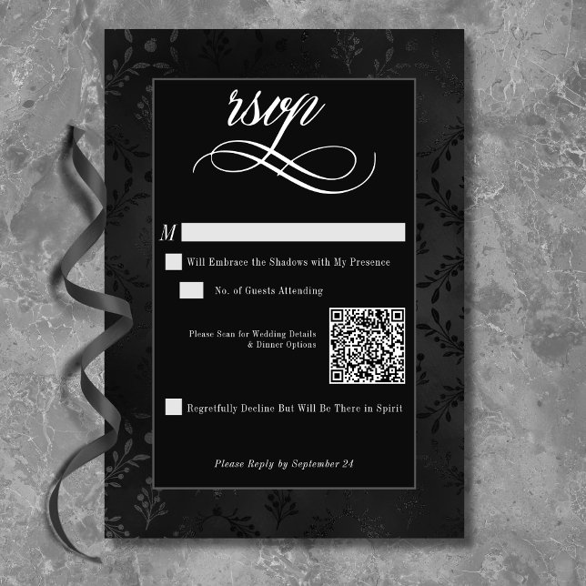Cartão RSVP Casamento tema damasco de Satin Preto Negro Negro  (Criador carregado)