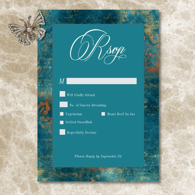 Cartão RSVP Casamento tema damasco Dourado de Teal Antiquado G (Gothic Antique Teal Gold Damask Wedding RSVP Card)