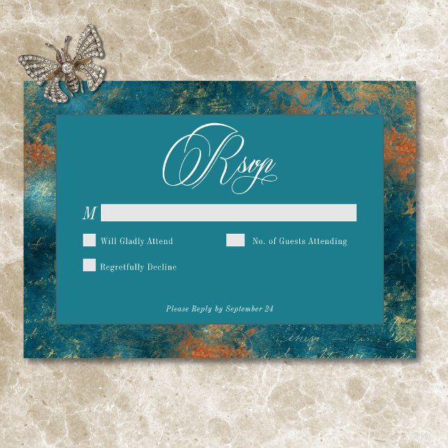 Cartão RSVP Casamento tema damasco Dourado de Teal Antiquado G (Gothic Antique Teal Gold Damask Wedding RSVP Card)