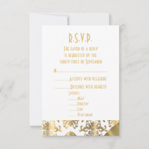 Cartão RSVP casamento tema damasco Dourado, verde e branco R.S