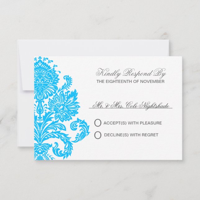 Cartão RSVP Casamento tema damasco Elegante Azul Deep Sky Pers (Frente)