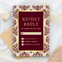 Cartão RSVP Casamento tema damasco Faux Gold Foil Burgundy