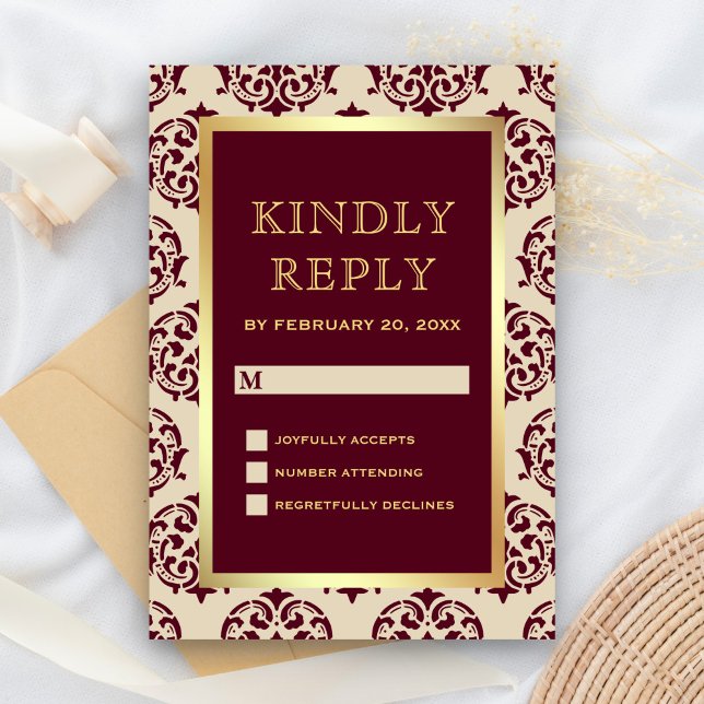 Cartão RSVP Casamento tema damasco Faux Gold Foil Burgundy (Criador carregado)