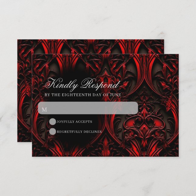 Cartão RSVP Casamento tema damasco Gótico Preto e Vermelho Esc (Frente/Verso)