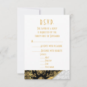 Cartão RSVP Casamento tema damasco negro de ouro branco R.S.V.