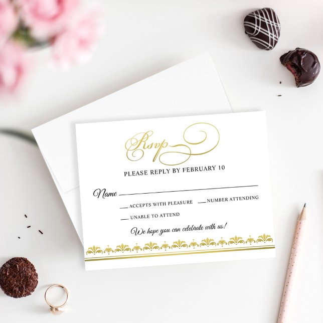 Cartão RSVP Casamento tema damasco negro e Dourado elegante (Criador carregado)