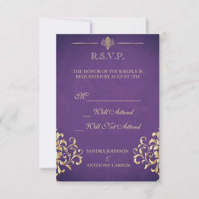 Cartão RSVP Casamento tema damasco R.S.V.P. Dourado Elegante e (Frente)