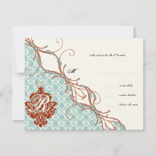 Cartão RSVP Casamento tema damasco Red Endive de Aves Vintage
