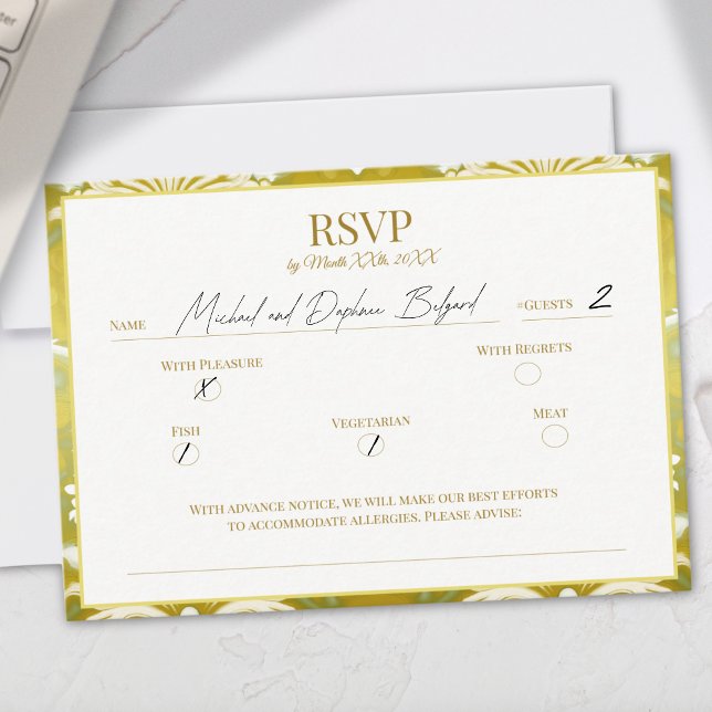 Cartão RSVP Casamento tema damasco Verde Dourado Retroativo (Criador carregado)