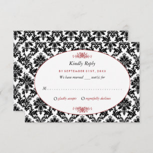 Cartão RSVP Casamento tema damasco vermelho, preto e branco