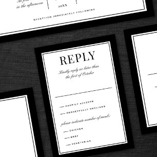 Cartão RSVP Casamento Tipografia Vintage Borda Preta Elegante