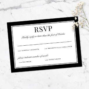Cartão RSVP Casamento Tipografia Vintage Borda Preta Elegante
