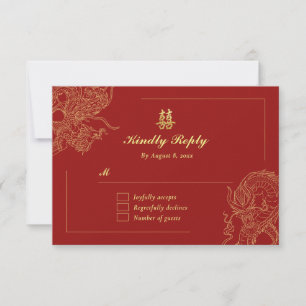 Cartão RSVP Casamento Tradicional Chinês Dragão Fénix Vermelho