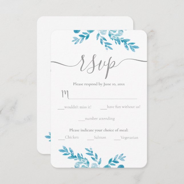 Cartão RSVP Casamento Tradicional de Cinzas Floral Azul Elegan (Frente/Verso)