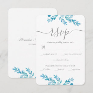 Cartão RSVP Casamento Tradicional de Cinzas Floral Azul Elegan