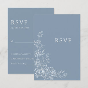 Cartão RSVP Casamento Tradicional Dusty Blue 2 Botânico Daisy