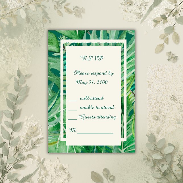 Cartão RSVP casamento tropical com verde esmeralda (Criador carregado)