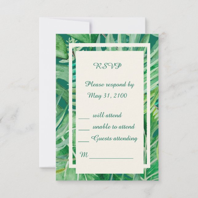 Cartão RSVP casamento tropical de esmerald greenery (Frente)