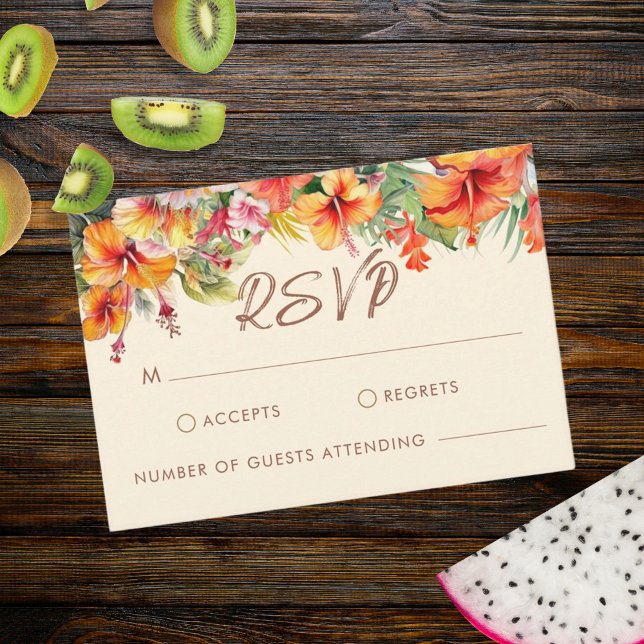 Cartão RSVP Casamento Tropical de Flores Elegante Hibiscus Flo (Criador carregado)