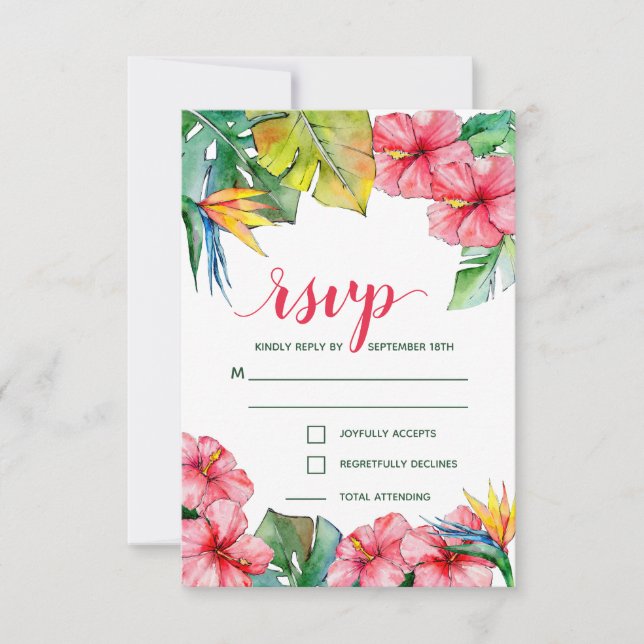 Cartão RSVP Casamento Tropical de Hibiscus Hawaiian (Frente)