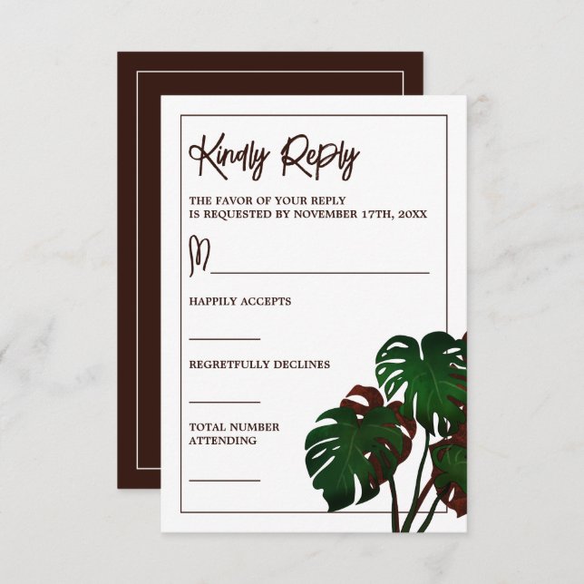 Cartão RSVP Casamento Tropical de Monstera Beach (Frente/Verso)