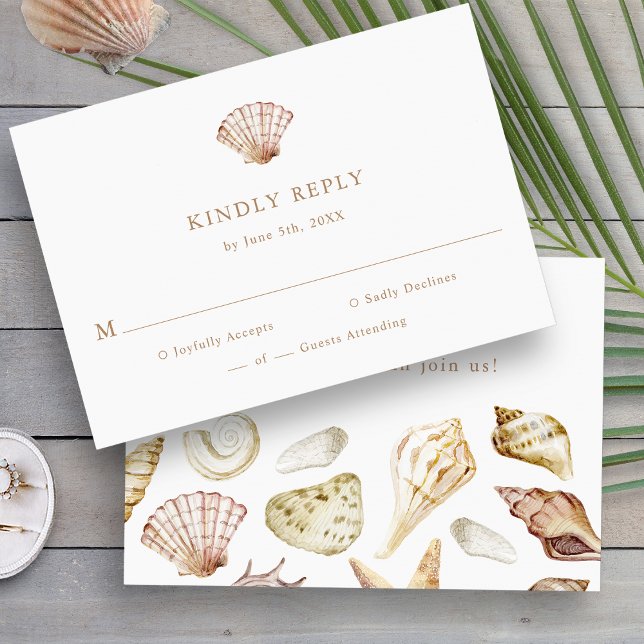 Cartão RSVP Casamento Tropical Elegante (Elegant Watercolor Seashell Tropical Beach Wedding RSVP Card by Painted Paperie
)