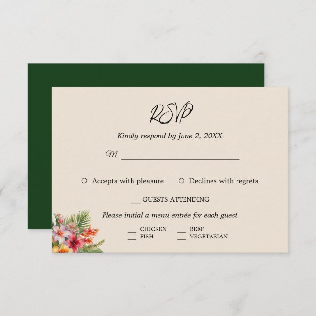 Cartão RSVP Casamento Tropical Elegante Watercolor (Frente/Verso)