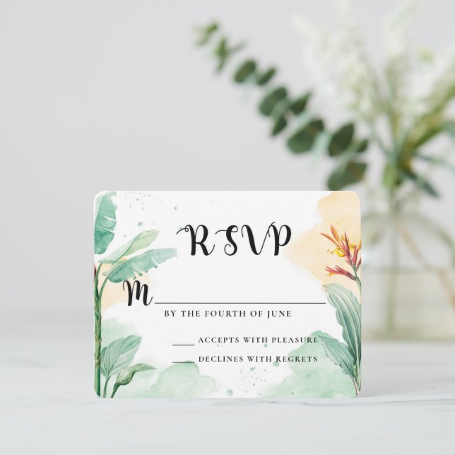Cartão RSVP Casamento Tropical Floral Colorida (Em pé/Frente)
