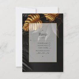 Cartão RSVP Casamento tropical negro e Dourado