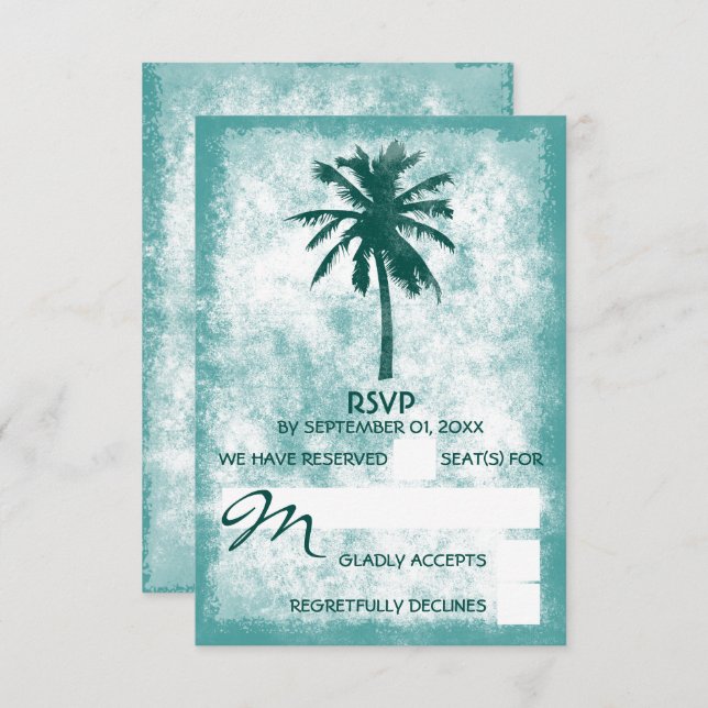 Cartão RSVP Casamento Tropical Palm Tree Beach (Frente/Verso)