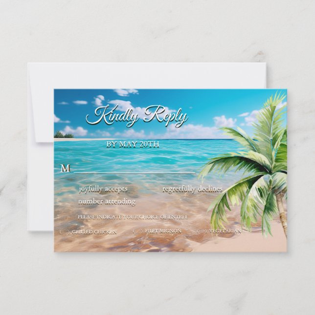 Cartão RSVP Casamento Tropical Palm Tree Beach de Turquoise (Frente)