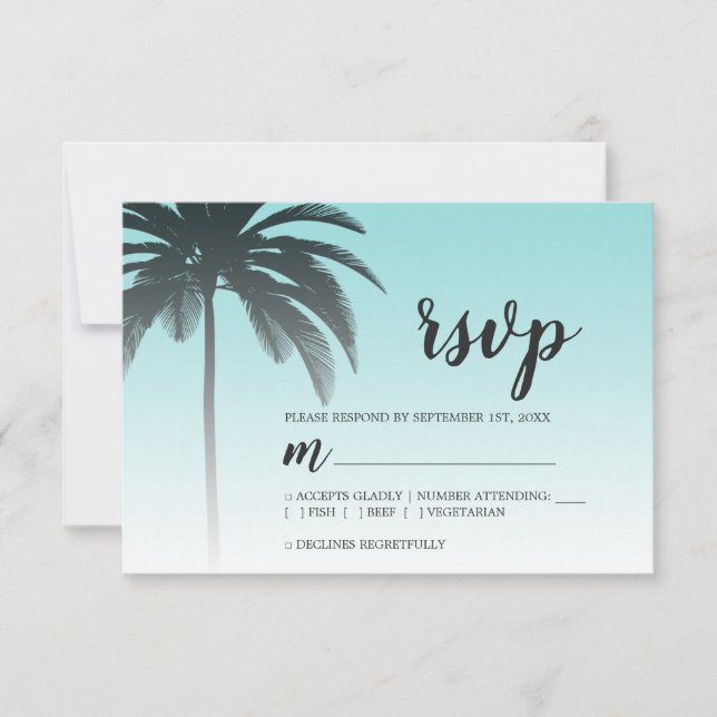 Cartão RSVP Casamento Tropical Palm Tree Blue Beach (Frente)