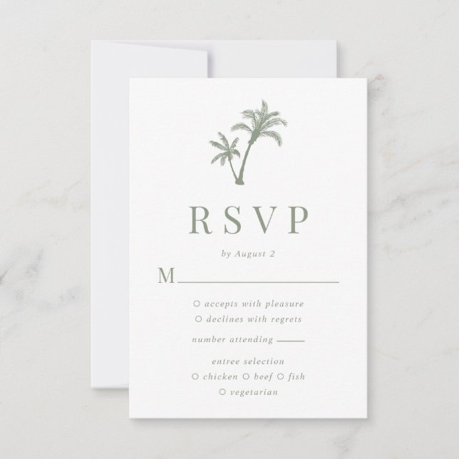 Cartão RSVP Casamento Tropical Palm Tree Sage Green Beach (Frente)
