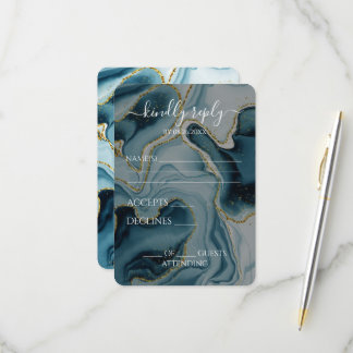 Cartão RSVP Casamento Veia Dourada Turquesa Personalizado