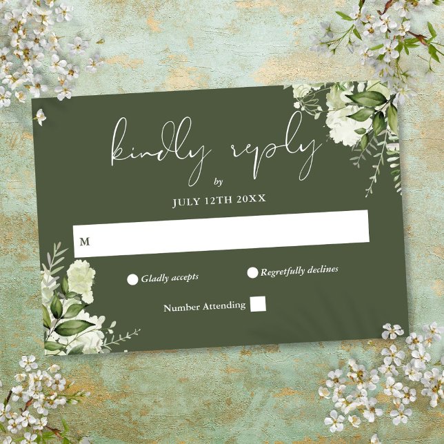 Cartão RSVP Casamento Verde-Azeitona-Floral Elegante (Elegant Greenery Floral Olive Green Wedding RSVP Card)