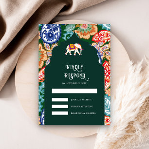 Cartão RSVP Casamento Verde com Elefante Folk Indiano