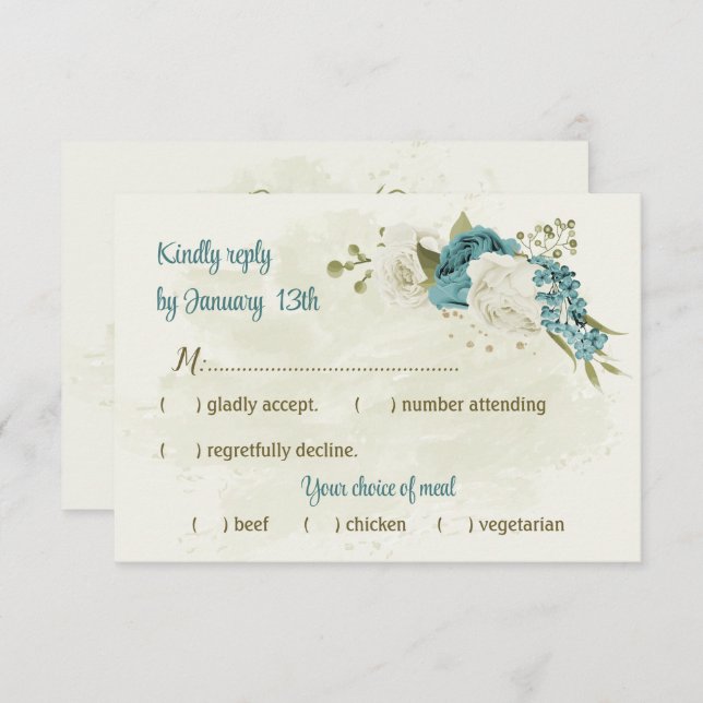 Cartão RSVP casamento verde com flores brancas azuis (Frente/Verso)