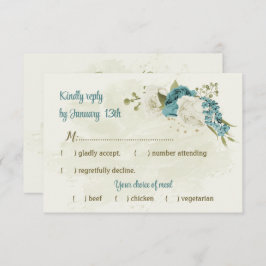 Cartão RSVP casamento verde com flores brancas azuis